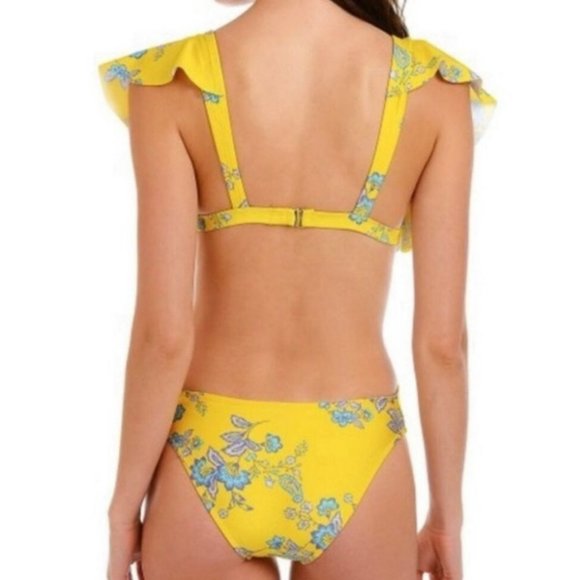 Sam Edelman Cut Out Yellow Ruffle Blue Floral One Piece Women's Swimsuit Size XS - Picture 4 of 10